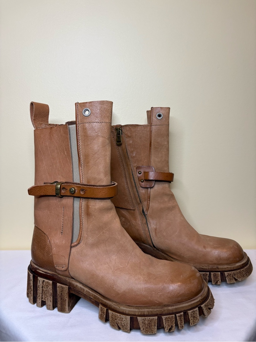 A.S.98 Tan Leather Strap Combat Ankle Boots Size 38